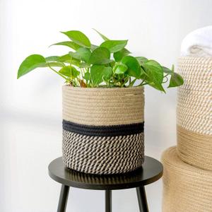 TIMEYARD Sturdy Jute Rope Plant Basket Modern Woven Basket up to 7.5 Inch Flower Pot Floor Indoor Planters, 8 x 8 Storage Organizer Baskets Rustic Home Decor, Black Stripes