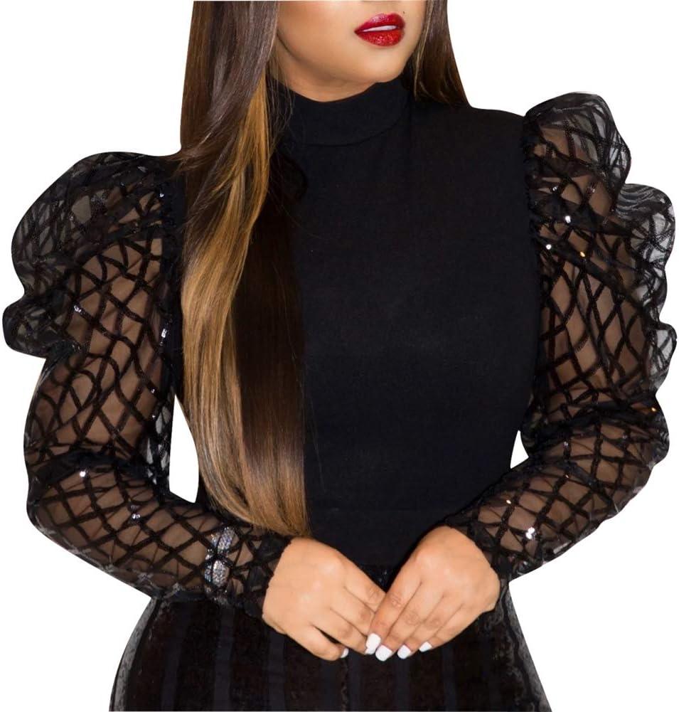 acelyn Women's Elegant Sequin Mesh Sheer Puff Long Sleeve Mock Neck Slim Fit Party Blouse Shirt Top (3X-Large, Black)