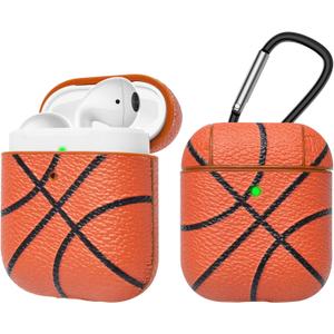 Tekcoo AirPods Case, [Front LED Visible] AirPods Accessories Cover Compatible with Apple Airpods 1 & AirPods 2 Protective PC Plastic Inner + PU Vegan Leather Pattern Skin & Keychain [Basketball]