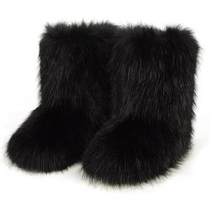 QMFUR Women's Furry Faux Fur Boots Fuzzy Fluffy Mid Calf Snow Boots Suede Warm Fur Lined Booties Flat Fashion Boots (7, Black 1)