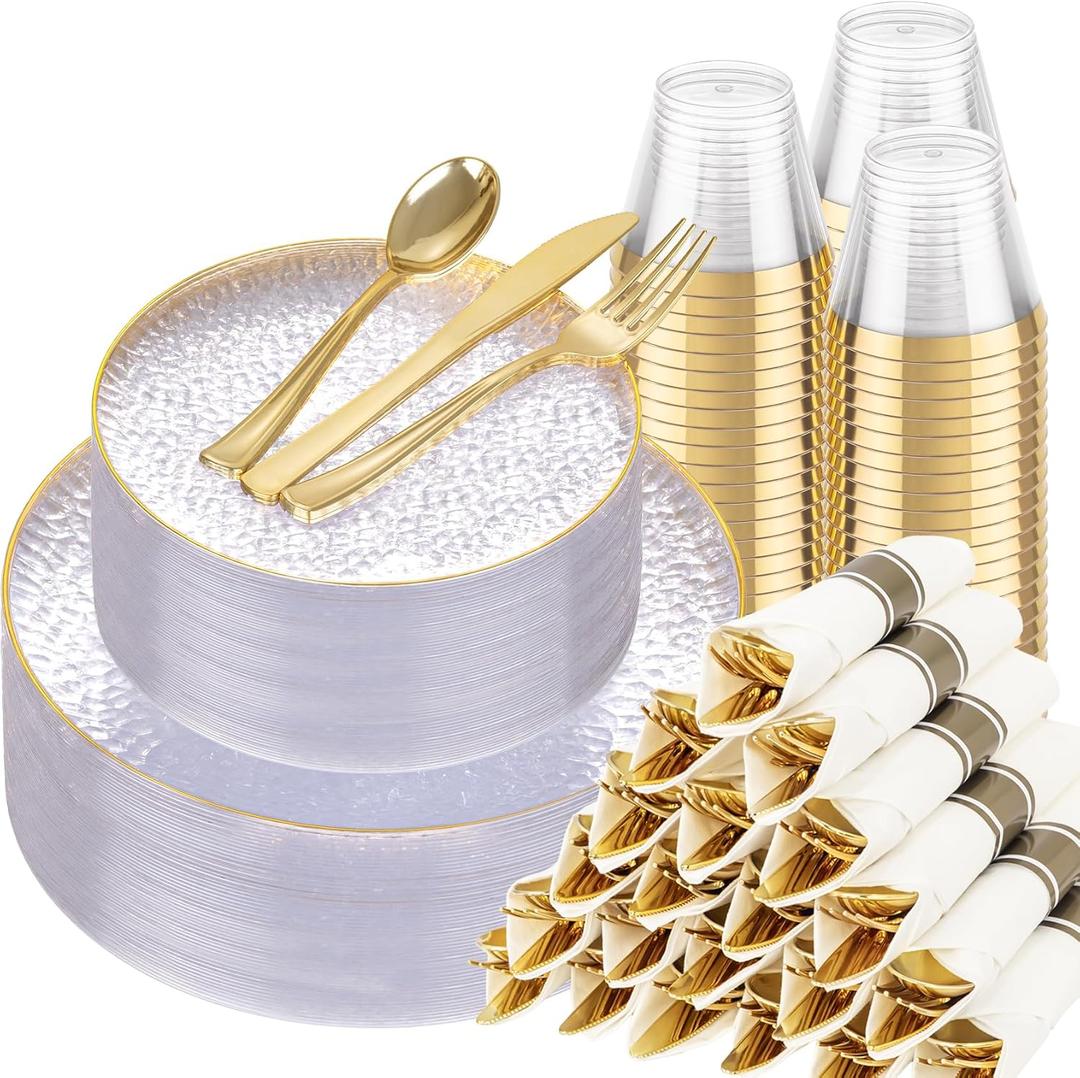 Hioasis 350pcs Clear Gold Plastic Plates - Clear Plastic Dinnerware Set Includes 50 Dinner Plate, 50 Dessert Plate, 50 Cups, 50 Napkins Perfect for Wedding & Party & Mothers Day