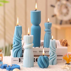 Threlaco 6 Pcs Pillar Candles Modern Aesthetic Ribbed Decorative Candle Set Cute Soy Wax Scented Ribbed Decor for Home(Blue, 2.36-6.89 Inch)
