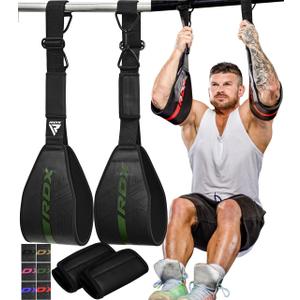 RDX AB Straps for Pull Up Bar Hanging (Pair), Maya Hide Leather, Abdominal Muscle Building Padded Arm Support Slings with D-Ring Strap, Leg Raise Exercise Fitness Workout Strength Training, Men Women (Black Green)