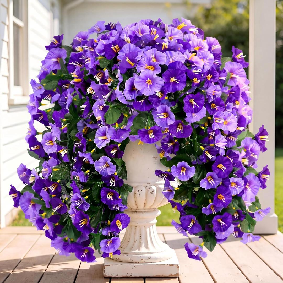 Sggvecsy Artificial Fake Hanging Flowers Plants Outdoor Outside Spring Summer Decoration 2PCS Faux Silk UV Resistant Morning Glory Trailing Vines for Home Porch Patio Balcony (Purple & Light Purple)