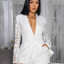 Wuitrie Shorts Sets Women 2 Piece Outfits Sexy Lace V Neck Button Blazer Bodycon Shorts Suits Business Casual Outfit White, m