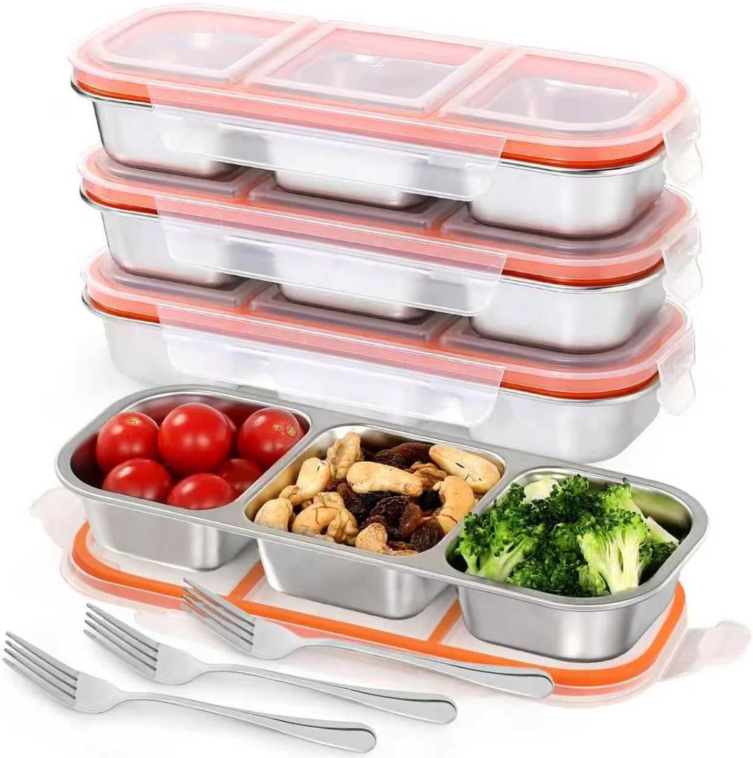 4 Pack Leakproof Stainless Steel Snack Containers with Lids, Reusable 3 Compartment Lunch Container, Stackable Snack Bento Box for Work, Travel & Picnic
