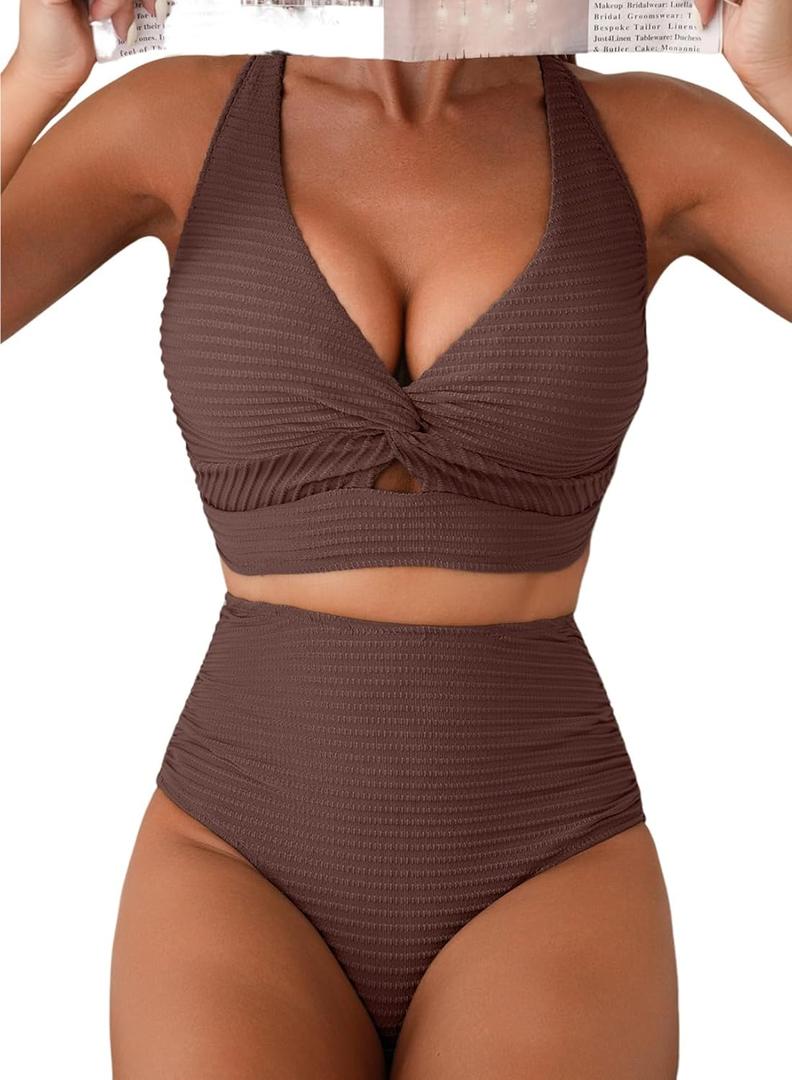 Herseas Women's Sexy 2 Piece Bikini Sets Textured 2026 Twist Front V Neck Swim Suit High Waisted Bikini Bottom Tummy Control Bathing Suits Slimming Resort Wear Dark Brown, X-Large
