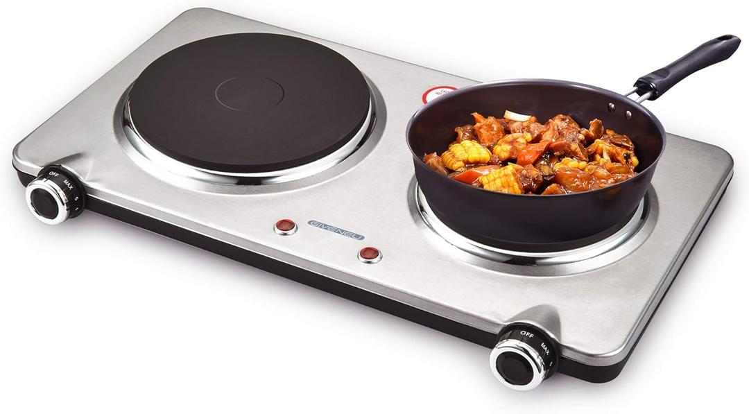 Electric Double Burner Hot Plate for Cooking, 1800W Portable Electric Stove, 6 Speed Adjustable Thermostats, Stainless Steel Hot Plate for Kitchen, Dorm and Camping