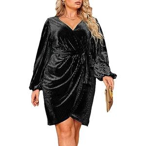 BerryGo Women's Plus Size Long Sleeve Wrap Semi Formal Velvet Mini Dress Sexy Cocktail Party Winter Club Dress 1XL