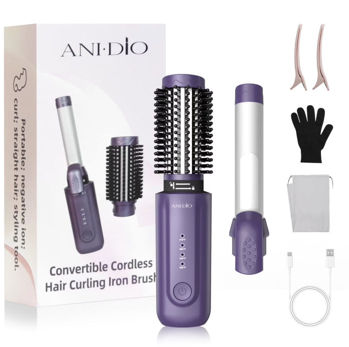 Cordless Curling Iron Brush, 8000mAh, 4 Temp Setting, 1/1.5 inch 2 in 1 Portable Mini Travel Hot Comb,Rechargeable Hair Curler Cordless with 200 Million Negative Ions, Dual Voltage for Travel (Pink)
