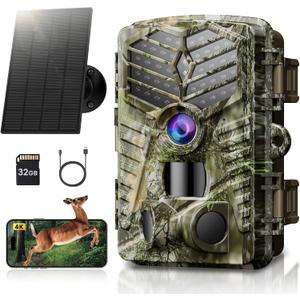 Solareye Trail Camera WiFi - Solar Powered 4K 64MP Game Cameras with Night Vision Motion Activated Waterproof with 32GB Micro SD Card, IP66 120 Detection Angle 0.2s Trigger 940nm No Glow LED Wildlife (Olive Green)