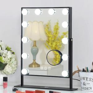 FENCHILIN Vanity Mirror with Lights, 19''x12'' Makeup Hollywood Mirror for Desk with 12 Bulbs Light Smart Touch Control 3 Colors Dimmable Detachable 10X Magnification Tabletop 360Rotation