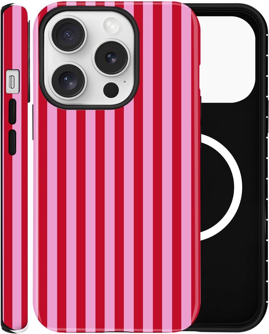 Magnetic Case for iPhone 15 Pro, Compatible with MagSafe, Aesthetic Striped Cute Design for Women, Hybrid 2-Layer Hard Shell Phone Cover, (Hot Pink/Red)