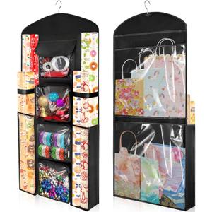 Hanging Gift Wrapping Paper Storage, 40"X17" Black Double-Sided Christmas Wrapper Bag Container, Oxford Craft Roll Organizer, Present Wrap Holder for Bedroom Closet, Door, Cabinet