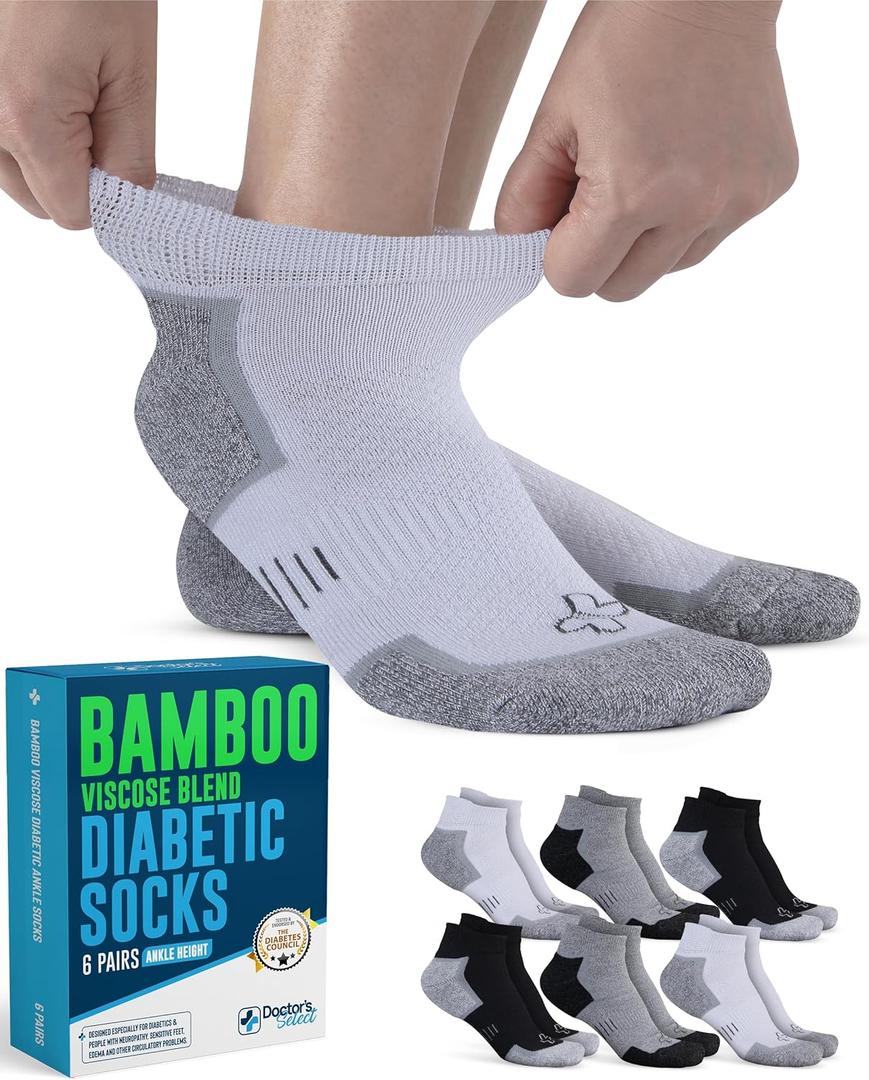 Doctor's Select Bamboo Viscose Ankle Diabetic Socks for Women & Men - 6 Pairs Viscose Bamboo Socks Woman, Low Cut Non Binding (Medium, 2 Black/2 White/2 Gray - 6 Pairs)