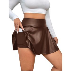 OYOANGLE Women's Plus Size PU Leather Ruffle Short Skirts High Waist Pleated Skater Skirt with Built in Shorts (3X-Large Plus, Brown) OYOANGLE Women's Plus Size PU Leather Ruffle Short Skirts High Waist Pleated Skater Skirt with Built in Shorts (3X-Large Plus, Brown)