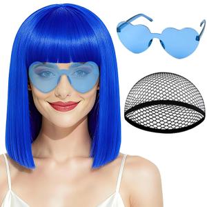 PLULON Blue Bob Wig with Bangs, Short Straight Bob Wig with Heart Sunglasses 12 Inch Shoulder Length Heat Resistant Synthetic Hair for Women Natural Look Daily Use Cosplay Halloween Costume Party