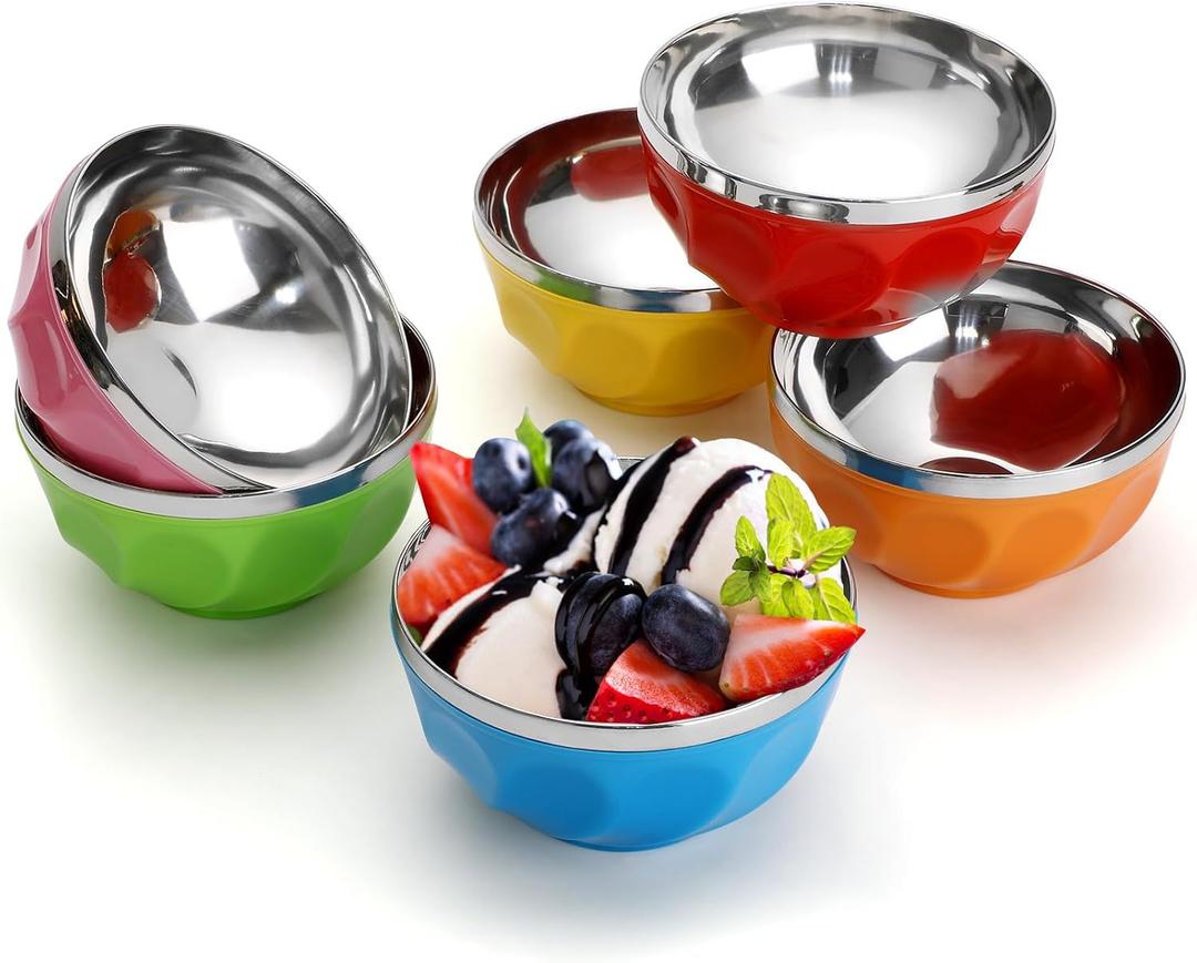 Reallnaive 6 Pack Stainless Steel Bowl Insulated Double Wall Ice Cream Bowls Reusable Cereal Soup Cups Dessert Salad Rice Fruit Candy Container for Festive Birthday Party Favor Gift(10 oz)