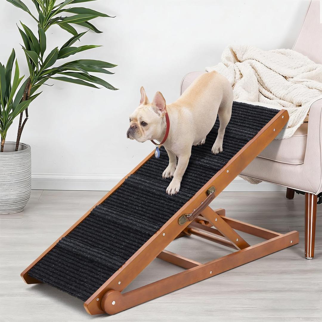 Dog Ramp for Bed - Foldable Small to Large Dog Ramp for Couch - 6 Adjustable Height from 12" to 24" - Stairs with High Traction Mat - Wooden Ramp for Dogs to Get on Bed Couch Car Up to 200LBS Walnut