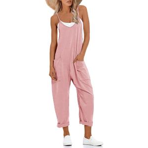 Muchpow Women's V Neck Sleeveless Jumpsuits Spaghetti Straps Harem Long Pants Overalls With Pockets (Large, Pink)