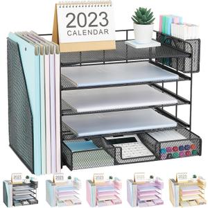 Desk Organizer with File Holder, 5-tier Paper Letter Tray File Organizer with Drawer and Pen Holder, Mesh Desktop Office Organization and Storage for School Home Office Supplies(Black)
