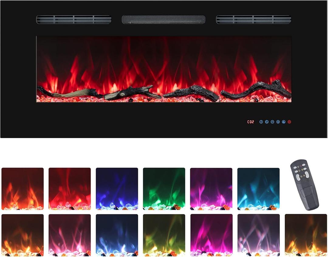48'' Electric Fireplaces Inserts, Recessed & Wall-Mounted Fireplace Heater with Thermostat, Multicolor Flames,Timer, Log & Crystal, 750/1500W, Black