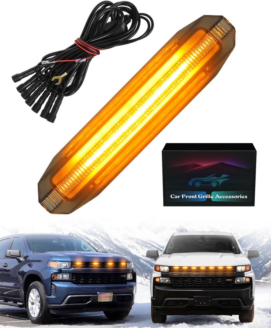 OKLSG Front Bumper LED Grill Light for 2019 2020 2021 Chevrolet Silverado 1500 Raptor Marker Lights fit WT Custom OEM Grille Accessories (Amber Lights, 7)