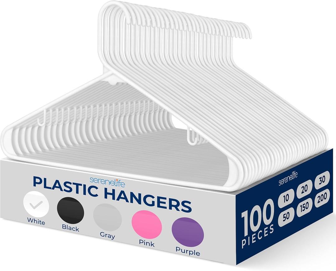 SereneLife 100 Pack Plastic Hangers, Non-Slip, Space-Saving Closet Organizers, Durable and Strong for Shirts, Sweaters, Hoodies, Kids Clothes & Dresses, Ultra-Thin, Lightweight (White)