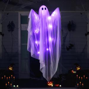 JOYIN Halloween Hanging Light up Ghost with Spooky Purple LED Light, 47 White Ghosts, Halloween Hanging Decoration for Front Yard Patio Lawn Garden Party Decor Indoor Outdoor