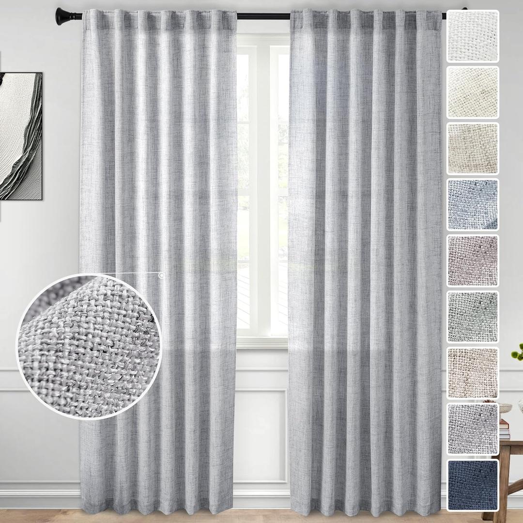 Light Grey Linen Semi Sheer Curtains 84 Inch Long 2 Panels for Living Room Rod Pocket Back Tab Privacy Added Farmhouse Window Curtain Panels with Light Filtering Vertical Drapes for Bedroom
