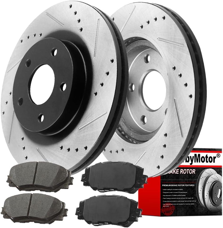 MotorbyMotor Front Brake Pads and Rotors kit fits for Scion XB, Toyota Rav4 Prius, Lexus HS250H 275mm Drilled & Slotted Disc Brake Rotor & Ceramic Brake Pad 31440