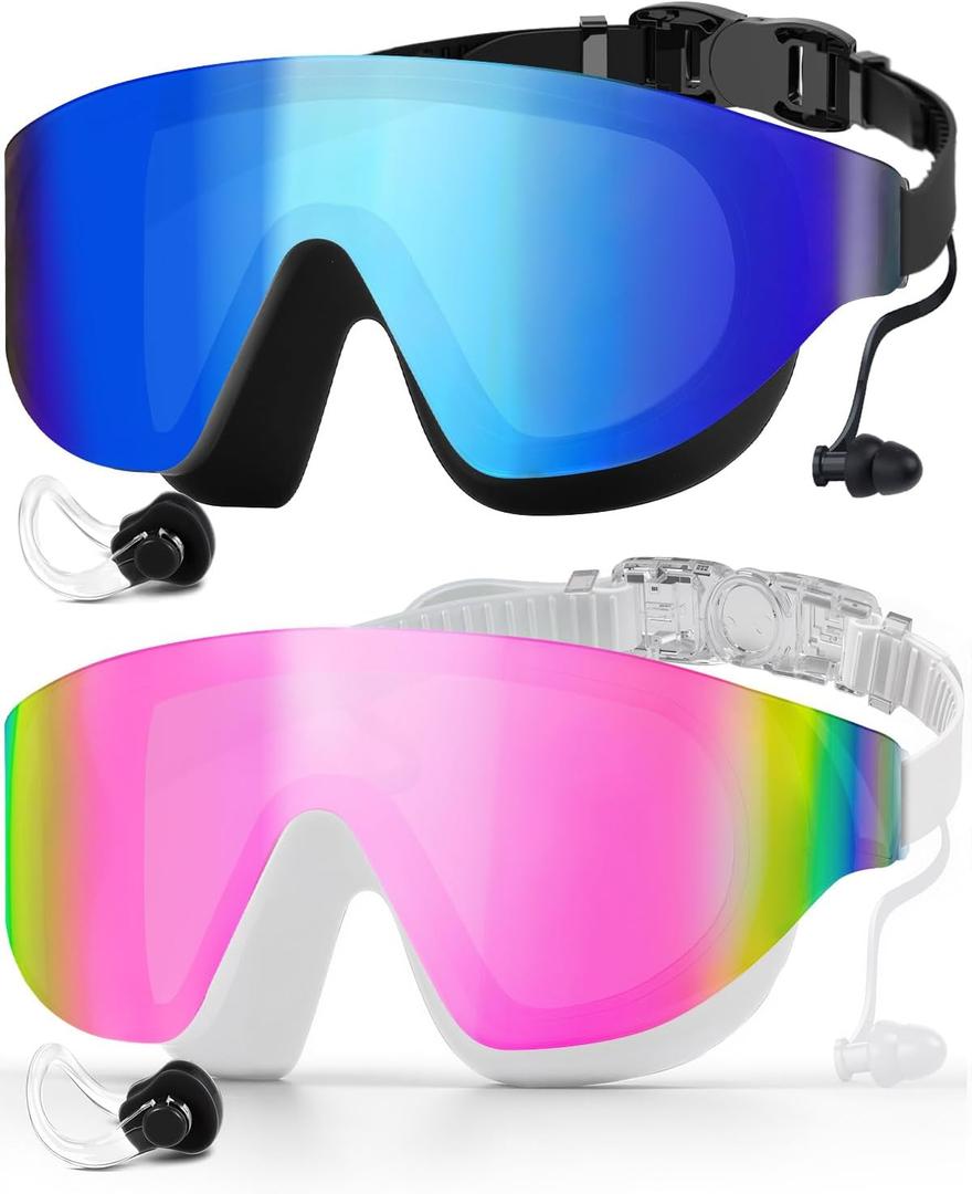 Zoomsnail Swim Goggles 2 Pack, Rimless Wide View Swimming Goggles for Adult, Anti-Fog UV Leaking Pool Goggles for Men Women (Blue & Pink)