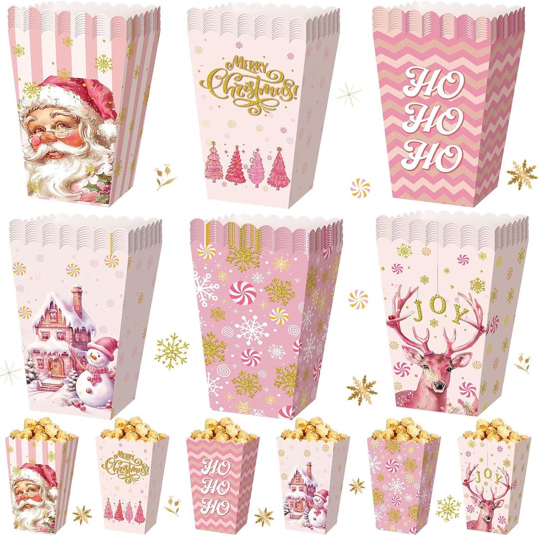 Gueevin 60 Pcs Christmas Popcorn Boxes Pink Santa Claus Treat Boxes Candy Cookie Holder Container for Christmas Party Favors Supplies Decorations