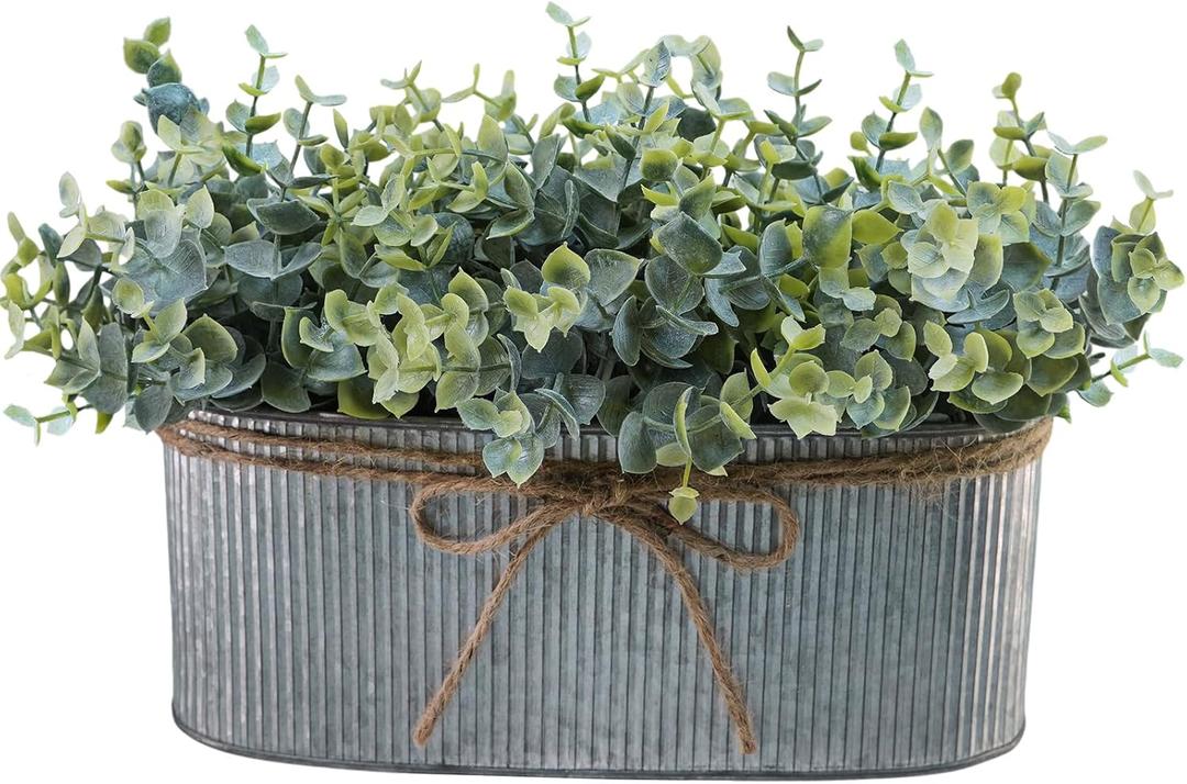 Winlyn Artificial Eucalyptus Arrangement in Rustic Oval Galvanized Metal Planter Box Faux Eucalyptus Bush Greenery Potted Plants for Farmhouse Indoor Home Office Table Centerpiece Kitchen Dcor