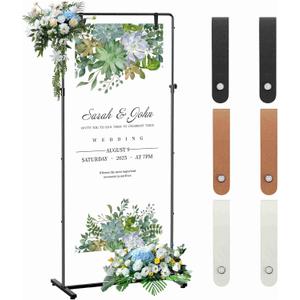Wedding Welcome Sign stand, Welcome to Our Wedding Sign Holder with Leather Sign Hanging Staps, Adjustable Metal Banner Poster Easel Stand for Entrance Sign Display
