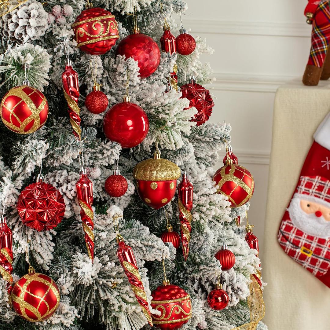 Fuovt 62Pcs Red & Gold Christmas Balls Ornaments Set - 3.15" Big Christmas Balls - Shatterproof Plastic Decorative Baubles for Xmas Tree Decor Holiday, Wedding, Party Decoration (Red & Gold)