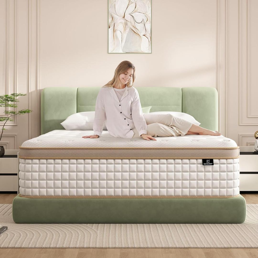 EEN EEN SLEEP King Mattress, 14 Inch King Size Hybrid Mattress in a Box, Memory Foam and Individual Pocket Springs, Innerspring Medium Firm for Pressure Relief, Edge Support