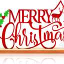 Metal Merry Christmas Table Sign Xmas Tabletop Centerpiece with Wooden Base Freestanding Rustic Tiered Tray Decor for Home Mantel Shelf Fireplace Decoration (Red)