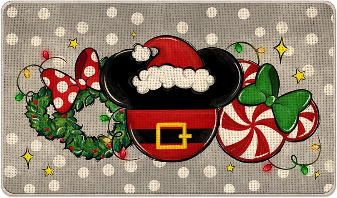 Christmas Gray Decorative Front Door Mat, Xmas Peppermint Candy Wreath Polka Dot Doormat Indoor Outdoor Non-Slip Floor Entryway Rug, Winter Holiday Home Kitchen Decoration 17x29 Inch (Grey)