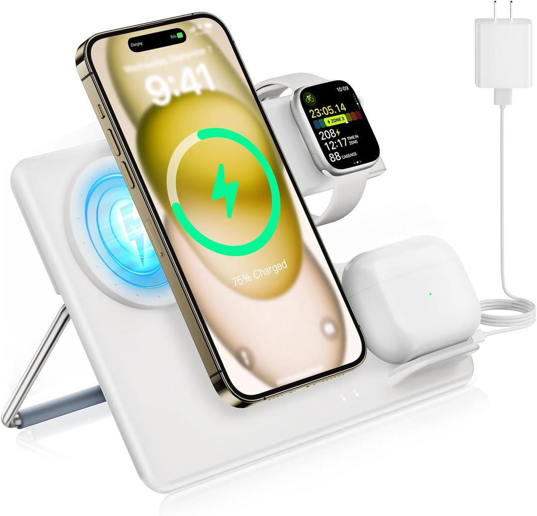 Wireless Charger Station for Apple Mag-Safe: JoyGeek 3 in 1 Magnetic Charging Stand Foldable for iPhone 15 14 13 12 Pro Max Plus - Apple Watch 9 8 7 6 5 4 SE - AirPods Pro 2/3