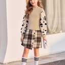 Girl Clothes Girls Outfits Flare-lace Sleeve Top and Plaid Skirt Dress Fall Winter 2Pcs Girls Clothes 6-14T (11-12 Years, Apricot)