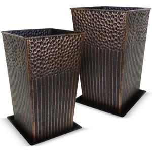 2 Pcs Pack Metal Tall Tapered Planter Pots Steel Large Square Planter Flower Pot with Drainage Holes for Indoor Outdoor Deck Porch Garden Home Patio Front Door (Antique Copper, 17" H.)