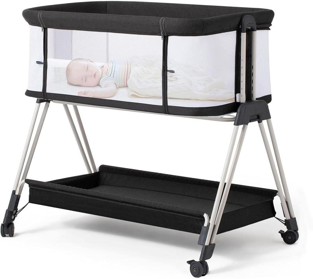 Fodoss Baby Bassinet Bedside Sleeper with Wheels and Storage Tray,4-Sided Mesh Bedside Bassinet for Infant/Newborn,7 Height Adjustable Easy Folding Bedside Crib (Dark Grey Tweed)