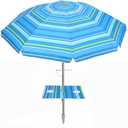 PASAMIC 7ft Beach Umbrella for Sand Featuring a 23'' Built-in Table with Sand Anchor & Tilt, UPF 50+ Protection Beach Umbrellas for Heavy Duty Wind Portable with Carry Bag and Hook, Light Blue Stripes