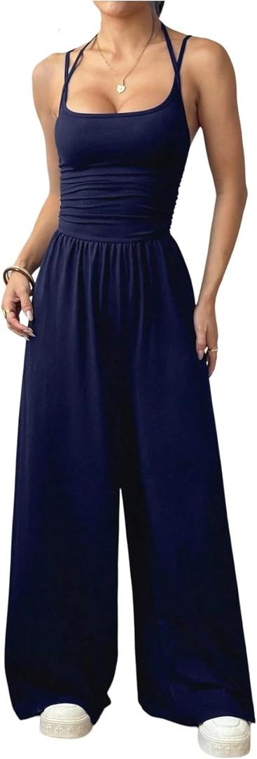Floerns Women's Summer Jumpsuit Spaghetti Strap One Piece Outfit Wide Leg Baggy Pants Romper (Dark Blue, Small)