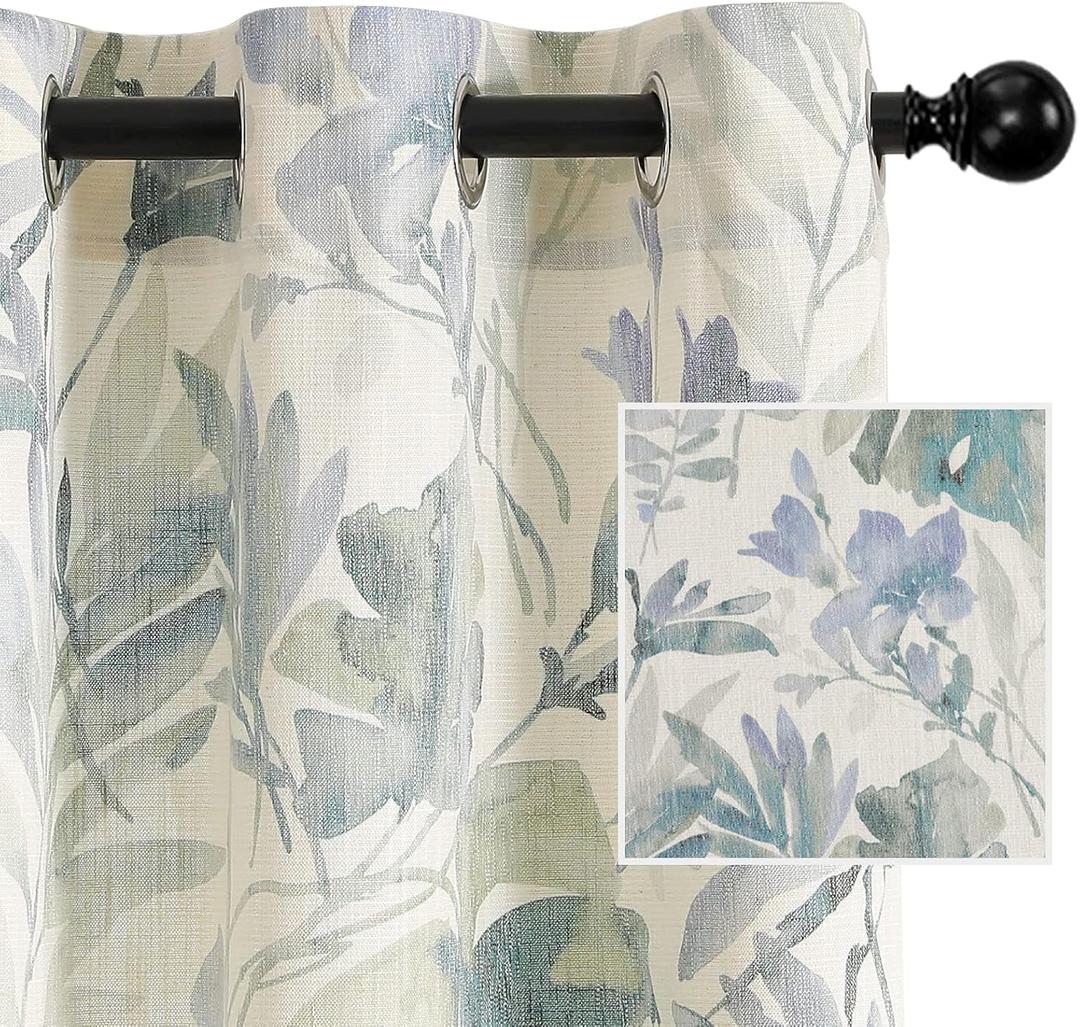 MYSKY HOME Sage Green Curtains 84 Inch Length Light Filtering Privacy Protect Drapes for Living Room Bedroom Flower Printing Window Treatment Grommet 2 Panels,Sage and Natural