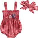 Kuriozud Valentines Day Outfit Baby Girl Bubble Romper Spaghetti Strap Onesie My First/1st Valentines Day Clothes Clothing (3-6 Months, Red Usa)