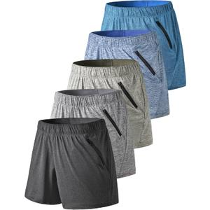 5 Pack: Women's Workout Gym Shorts Casual Lounge Set, Ladies Active Athletic Apparel with Zipper Pockets (Medium, Heather Black/Gray/Blue)
