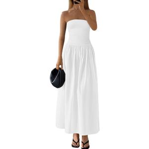 PRETTYGARDEN Women 2025 Summer Elegant Strapless Maxi Dress Tube Top Dress A Line Flowy Long Wedding Party Cocktail Dresses (Medium, White)