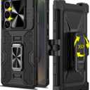 Caka for Samsung Galaxy S25 Ultra Case with Belt Clip Holster Slide Camera Cover Built-in 360 Rotate Ring Holder Stand Heavy Duty Shockproof Protective S25 Ultra Case 2025, Black